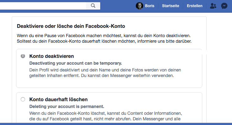 Facebook Konto Account löschen deaktivieren